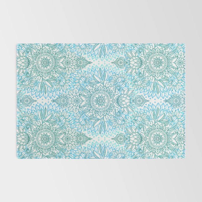 Turquoise Blue, Teal & White Protea Doodle Pattern Rug Gallery Image 2