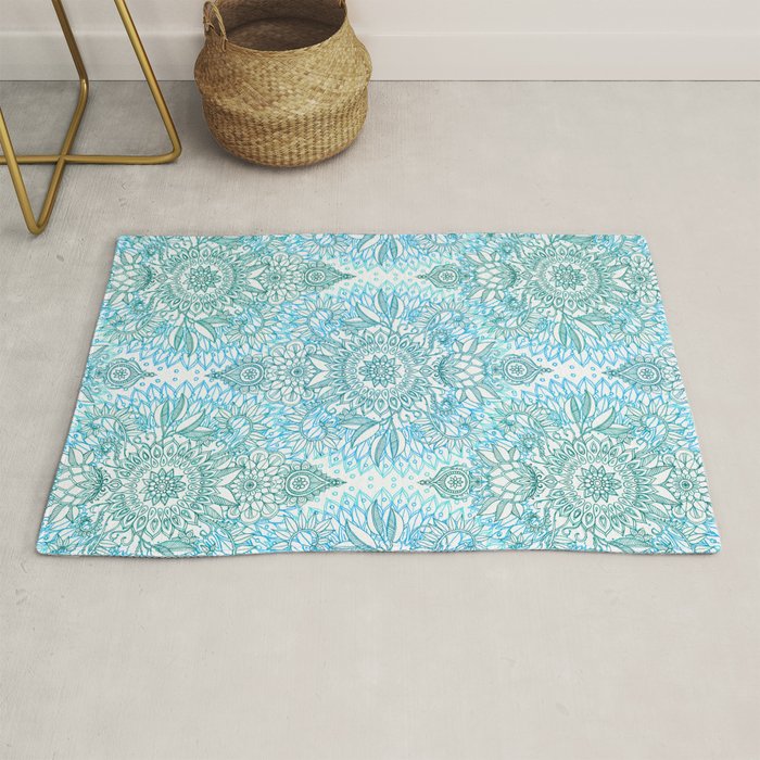 Turquoise Blue, Teal & White Protea Doodle Pattern Rug Gallery Image 1