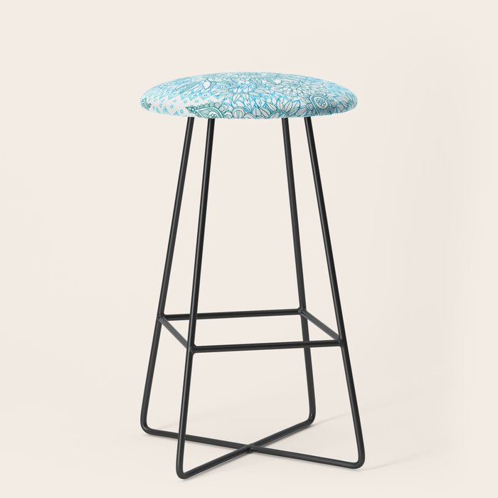 Turquoise Blue, Teal & White Protea Doodle Pattern Stool Gallery Image 1