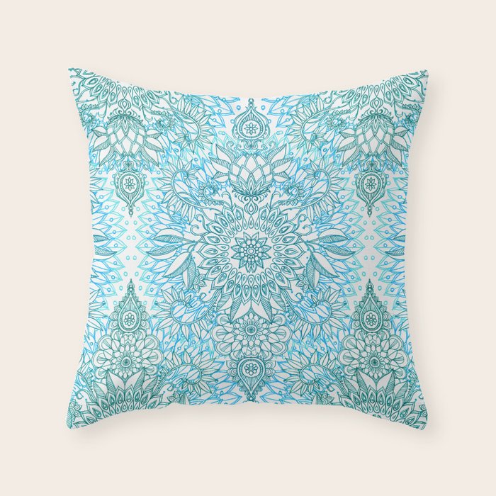 Turquoise Blue, Teal & White Protea Doodle Pattern Throw Pillow Gallery Image 1