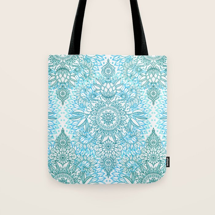 Turquoise Blue, Teal & White Protea Doodle Pattern Tote Bag Gallery Image 1
