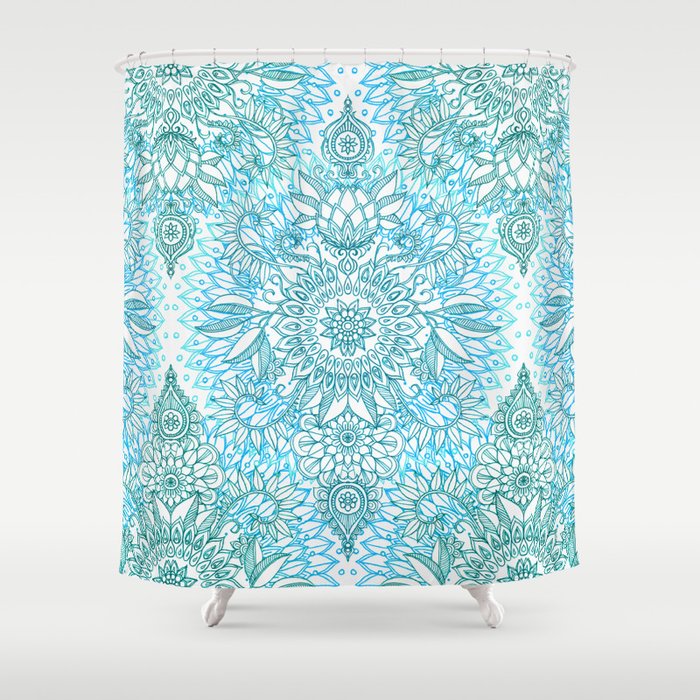 Turquoise Blue, Teal & White Protea Doodle Pattern Shower Curtain Gallery Image 1