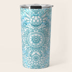 Turquoise Blue, Teal & White Protea Doodle Pattern Travel Mug Gallery Image 1