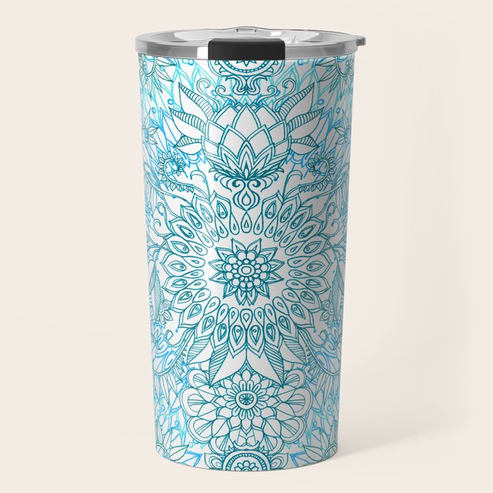 Turquoise Blue, Teal & White Protea Doodle Pattern Travel Mug Gallery Image 1