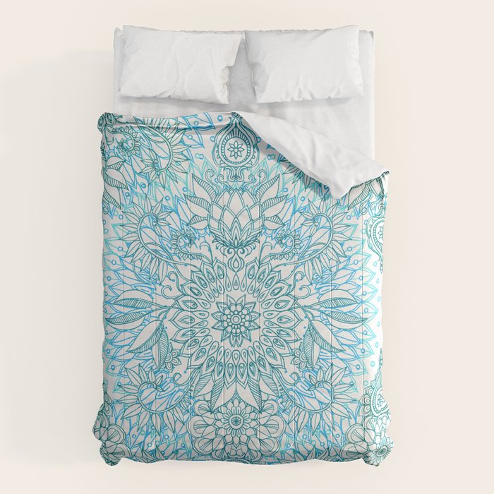 Turquoise Blue, Teal & White Protea Doodle Pattern Comforter Gallery Image 6