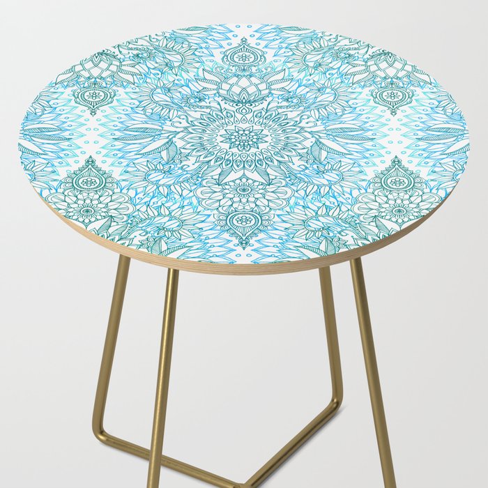 Turquoise Blue, Teal & White Protea Doodle Pattern Side Table Gallery Image 2