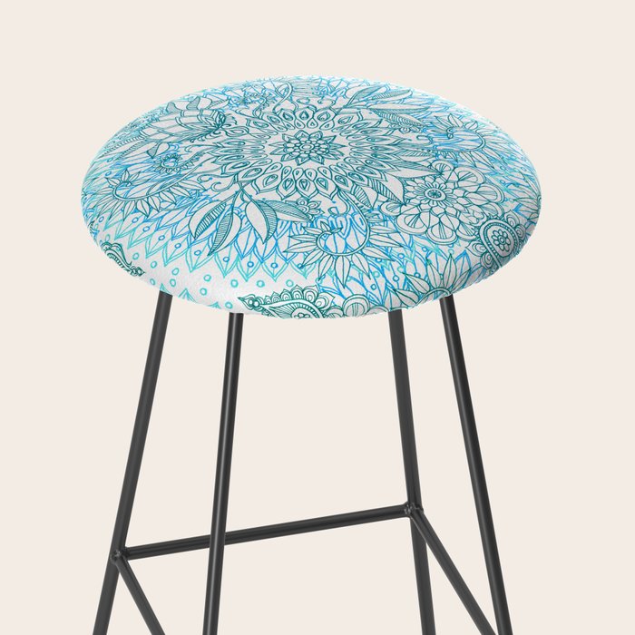 Turquoise Blue, Teal & White Protea Doodle Pattern Stool Gallery Image 2
