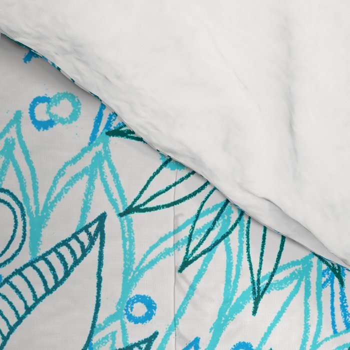 Turquoise Blue, Teal & White Protea Doodle Pattern Comforter Gallery Image 4