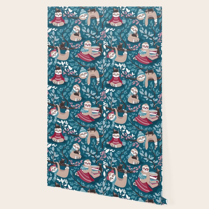 Hygge sloth // turquoise and red Wallpaper Gallery Image 2