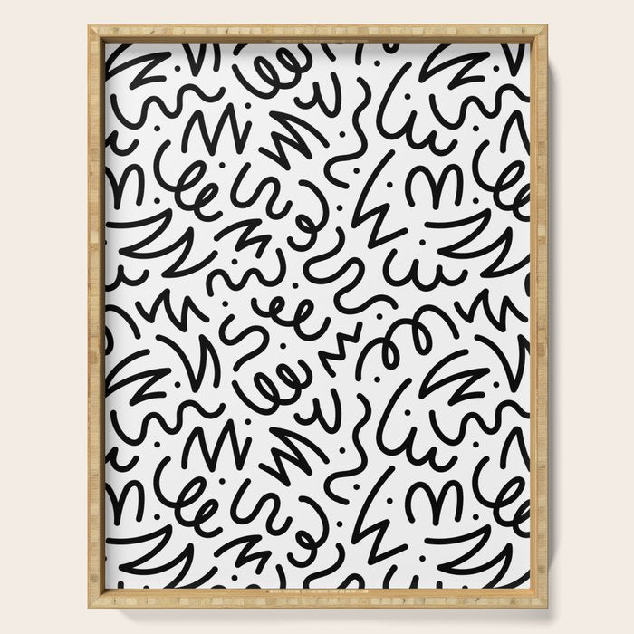 Fun black line doodle art pattern Serving Tray Gallery Image 1