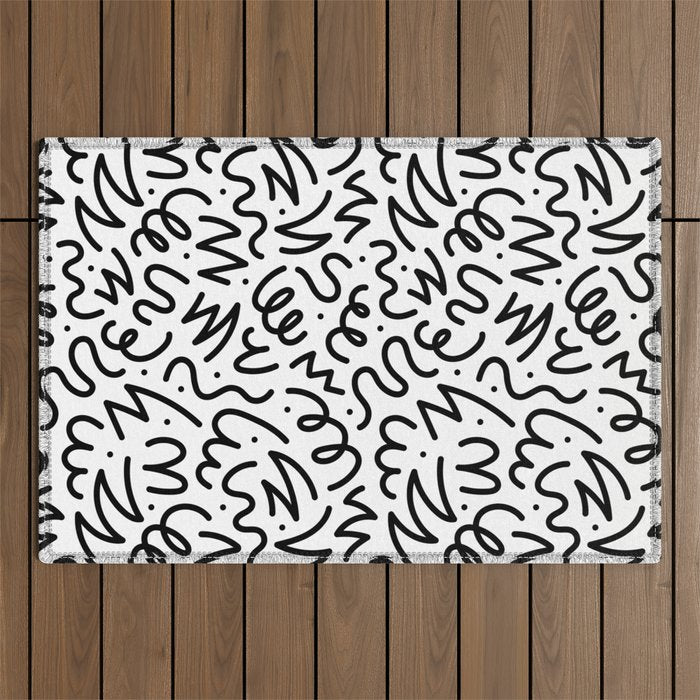 Fun black line doodle art pattern Outdoor Rug Gallery Image 1