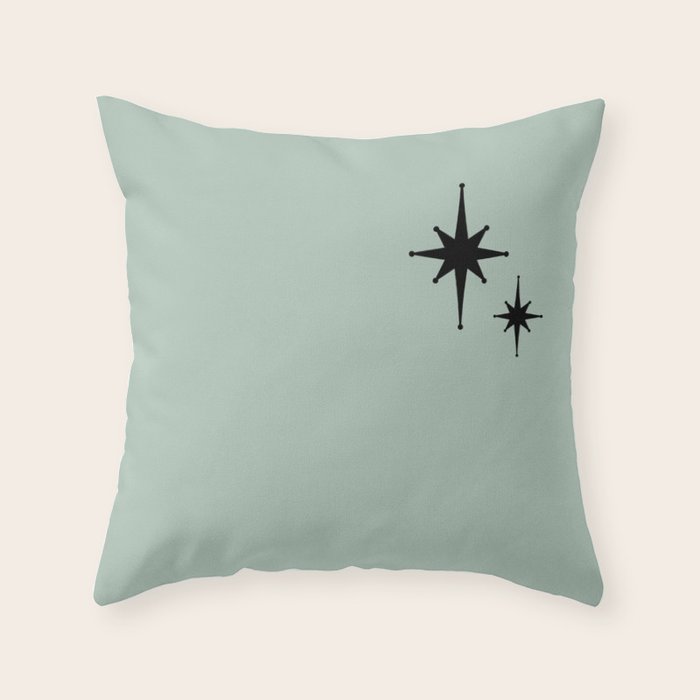 1950s Atomic Age Minimalist Starburst Pair in Black and 50s Celadon Teal Solid Throw Pillow Gallery Image 6