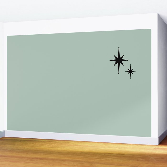 1950s Atomic Age Minimalist Starburst Pair in Black and 50s Celadon Teal Solid Wall Mural Gallery Image 2