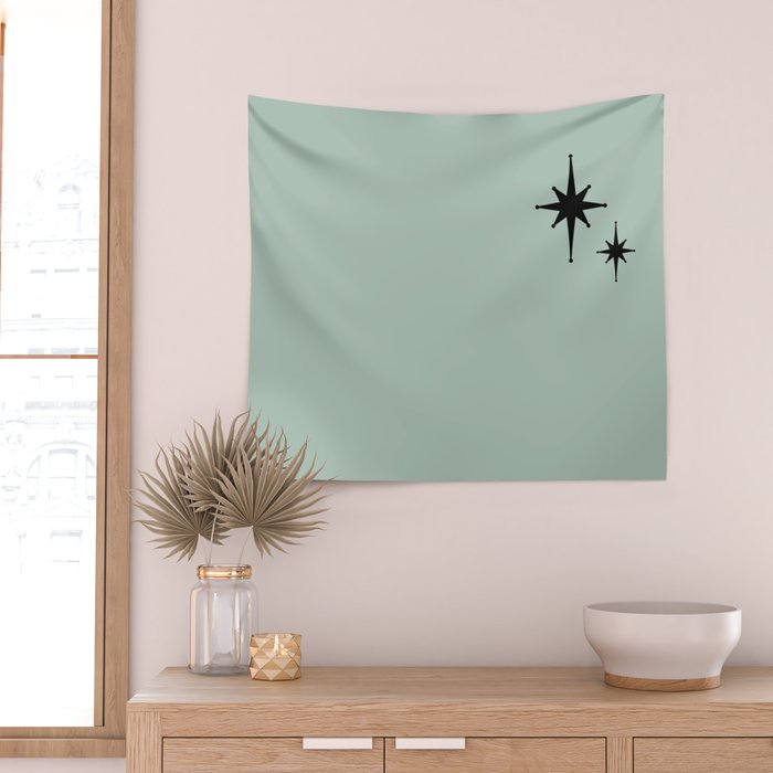 1950s Atomic Age Minimalist Starburst Pair in Black and 50s Celadon Teal Solid Wall Tapestry Gallery Image 2