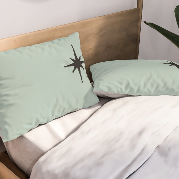 1950s Atomic Age Minimalist Starburst Pair in Black and 50s Celadon Teal Solid Pillow Sham Gallery Image 2