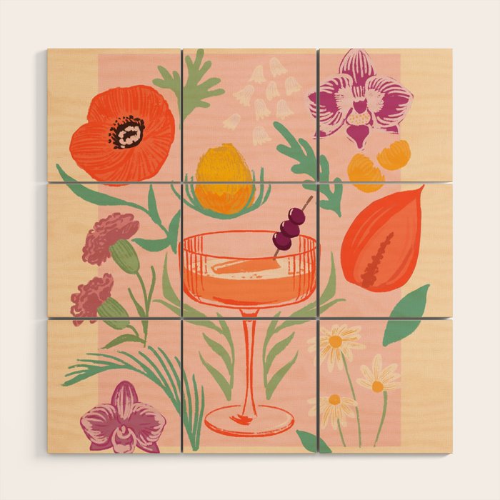 Vintage Flower Market Cocktail Bar Poster Wood Wall Art Gallery Image 1