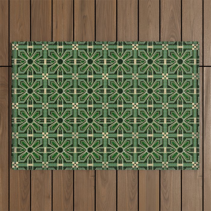Art Deco Floral Tiles in Emerald Green and Faux Gold Outdoor Rug Gallery Image 1