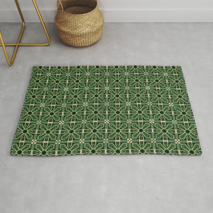 Art Deco Floral Tiles in Emerald Green and Faux Gold Rug Gallery Image 1