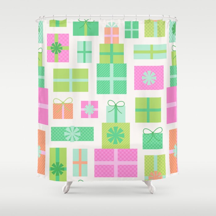Retro Christmas Presents - Pink & Green Shower Curtain Gallery Image 1