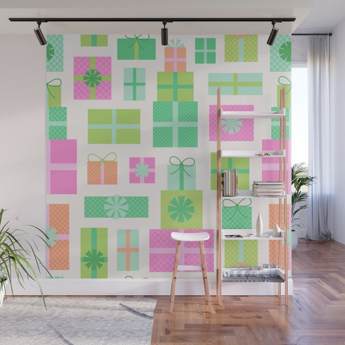 Retro Christmas Presents - Pink & Green Wall Mural Gallery Image 1