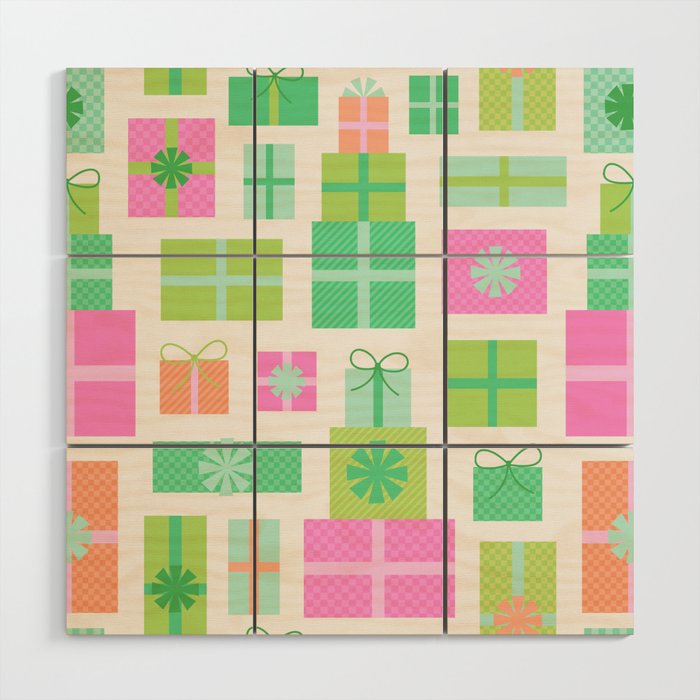 Retro Christmas Presents - Pink & Green Wood Wall Art Gallery Image 1