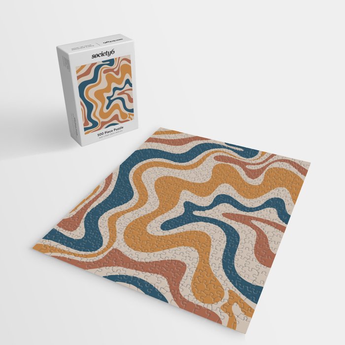 Liquid Swirl Retro Abstract Pattern Blue Ochre Rust Taupe Jigsaw Puzzle Gallery Image 2