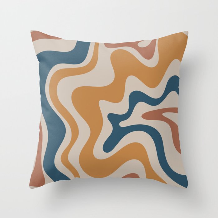Liquid Swirl Retro Abstract Pattern Blue Ochre Rust Taupe Throw Pillow Gallery Image 1