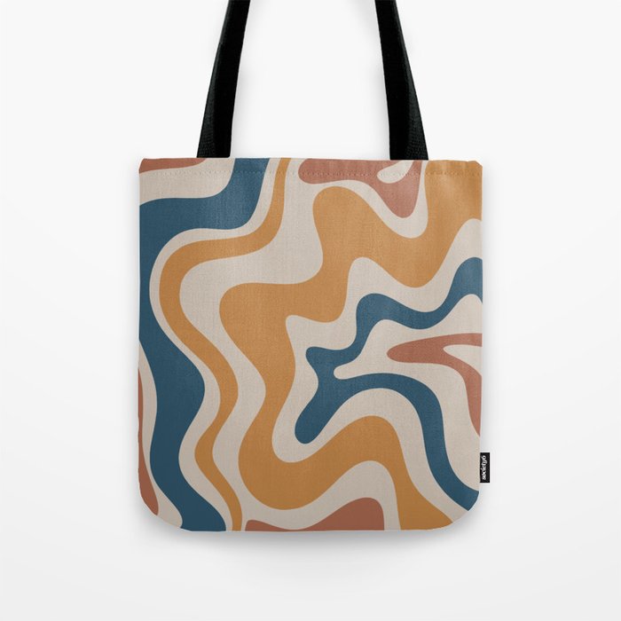 Liquid Swirl Retro Abstract Pattern Blue Ochre Rust Taupe Tote Bag Gallery Image 1