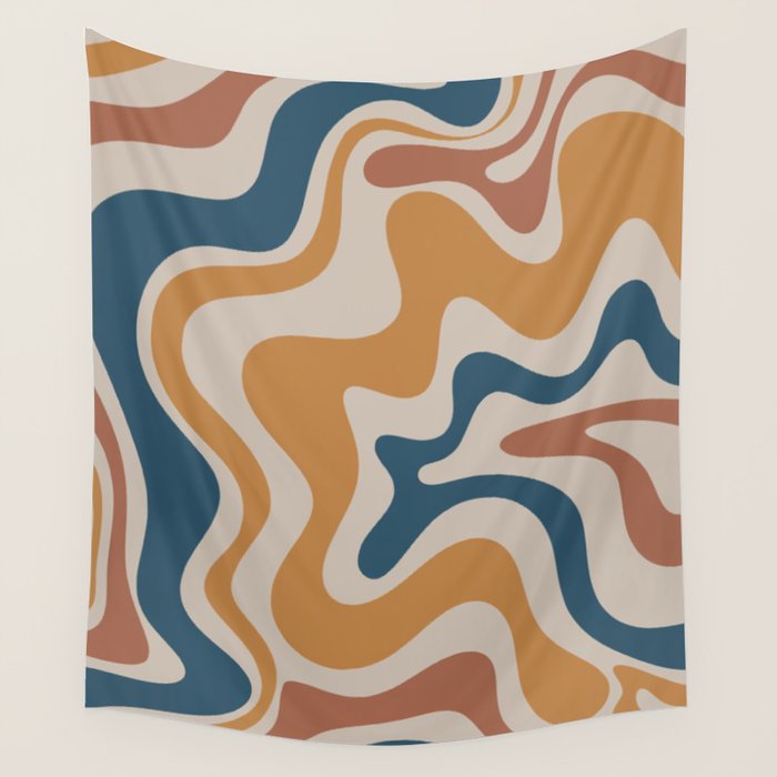 Liquid Swirl Retro Abstract Pattern Blue Ochre Rust Taupe Wall Tapestry Gallery Image 1