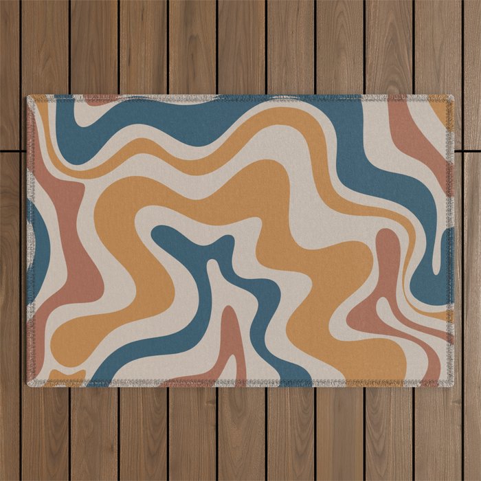 Liquid Swirl Retro Abstract Pattern Blue Ochre Rust Taupe Outdoor Rug Gallery Image 1