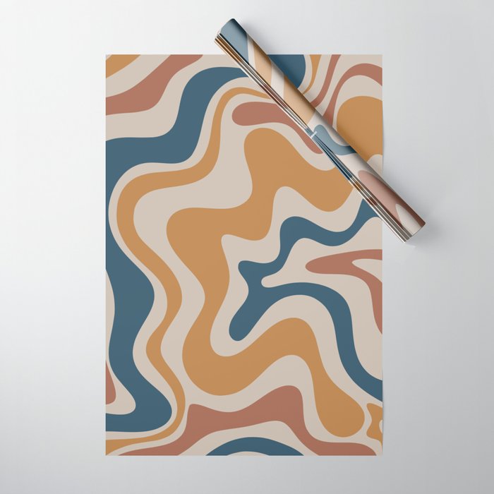 Liquid Swirl Retro Abstract Pattern Blue Ochre Rust Taupe Wrapping Paper Gallery Image 1