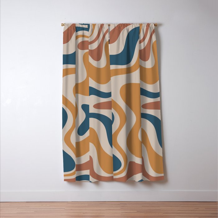 Liquid Swirl Retro Abstract Pattern Blue Ochre Rust Taupe Window Curtain Gallery Image 3