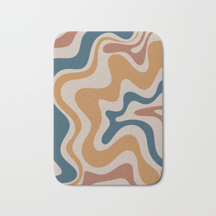 Liquid Swirl Retro Abstract Pattern Blue Ochre Rust Taupe Bath Mat Gallery Image 1