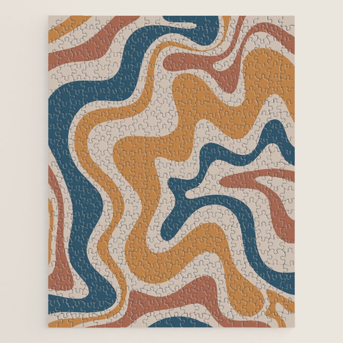 Liquid Swirl Retro Abstract Pattern Blue Ochre Rust Taupe Jigsaw Puzzle Gallery Image 1