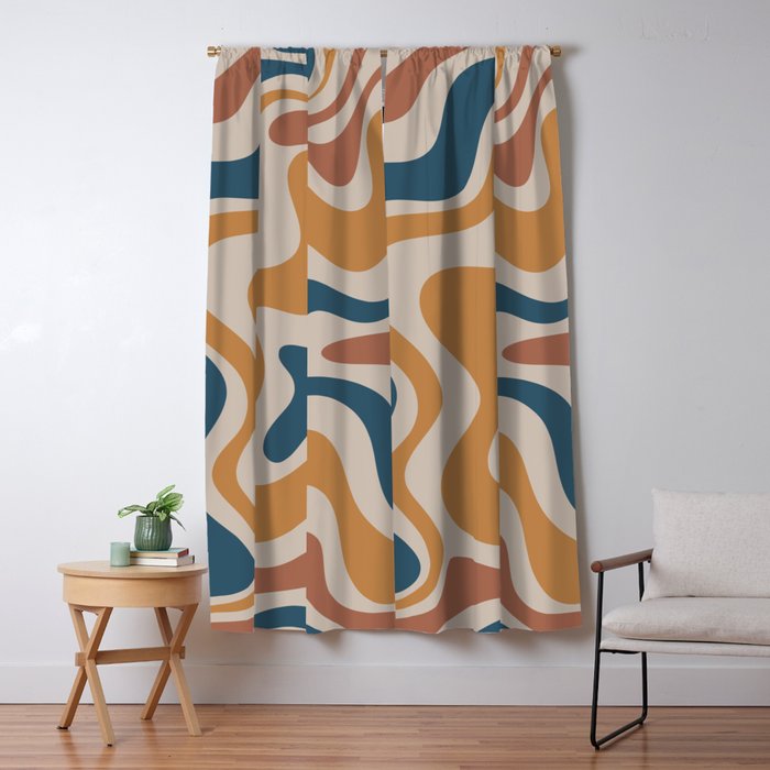 Liquid Swirl Retro Abstract Pattern Blue Ochre Rust Taupe Window Curtain Gallery Image 1