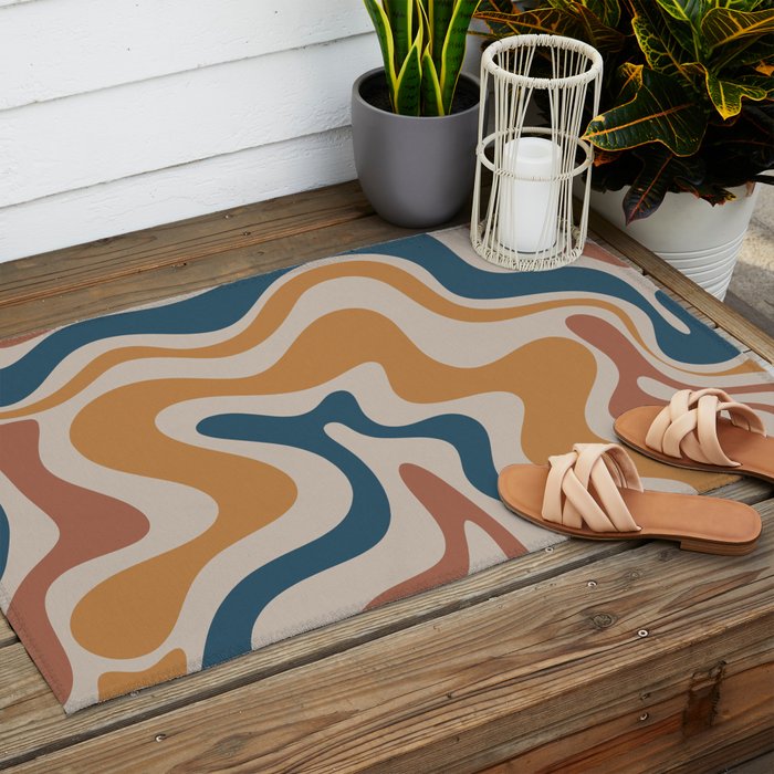Liquid Swirl Retro Abstract Pattern Blue Ochre Rust Taupe Outdoor Rug Gallery Image 2