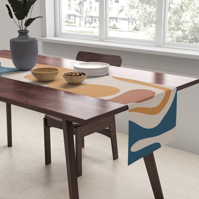 Liquid Swirl Retro Abstract Pattern Blue Ochre Rust Taupe Table Runner Gallery Image 2
