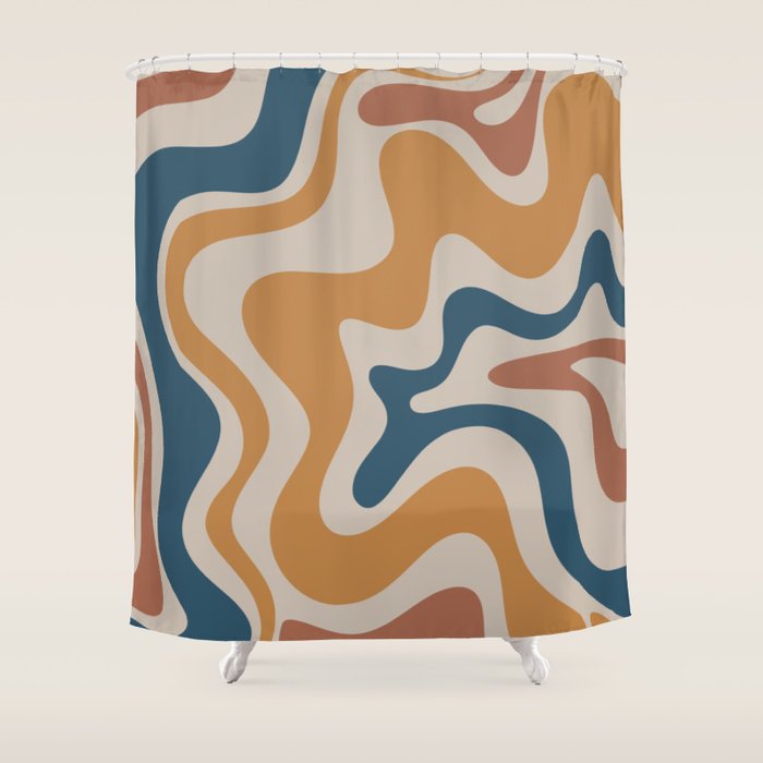 Liquid Swirl Retro Abstract Pattern Blue Ochre Rust Taupe Shower Curtain Gallery Image 1