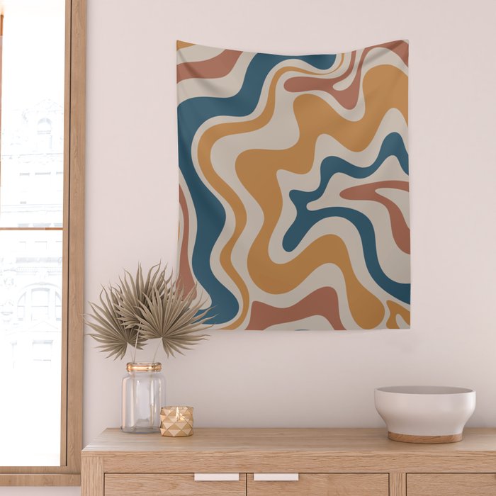 Liquid Swirl Retro Abstract Pattern Blue Ochre Rust Taupe Wall Tapestry Gallery Image 2