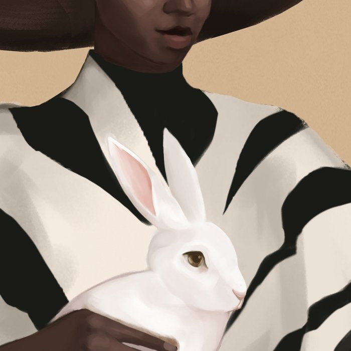 Woman in Stripes Holding a White Rabbit Coffee Mug Gallery Image 2