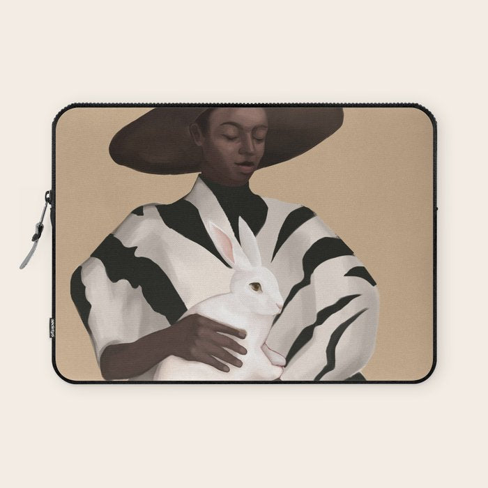 Woman in Stripes Holding a White Rabbit Laptop Sleeve Gallery Image 1