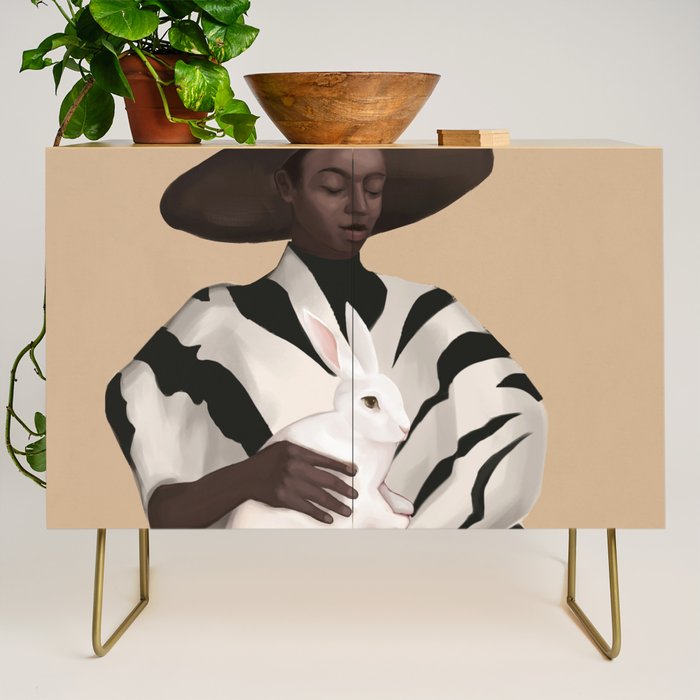 Woman in Stripes Holding a White Rabbit Credenza Gallery Image 1