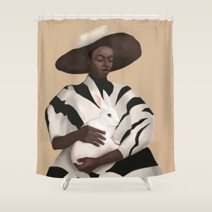 Woman in Stripes Holding a White Rabbit Shower Curtain Gallery Image 1