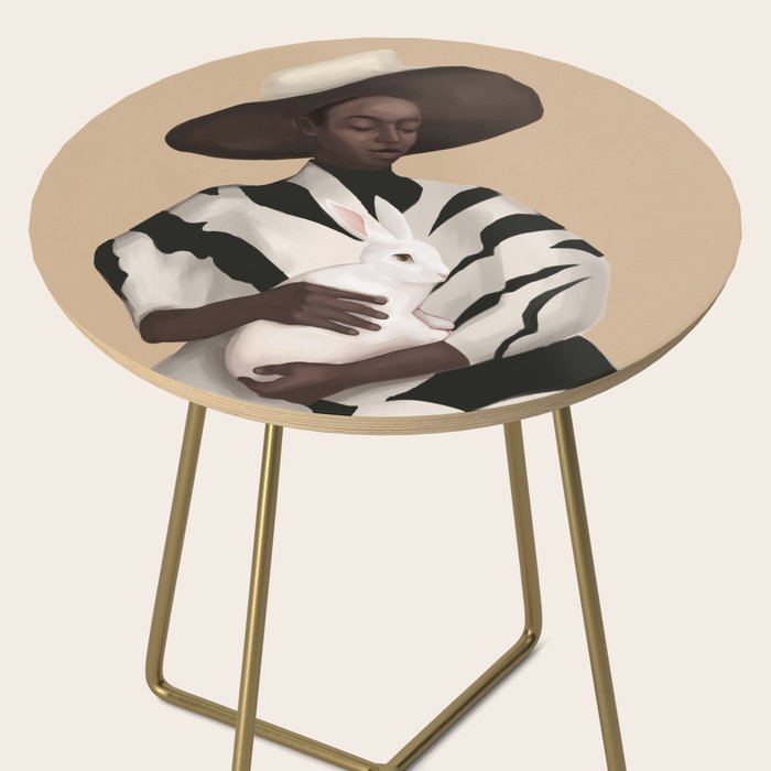 Woman in Stripes Holding a White Rabbit Side Table Gallery Image 2