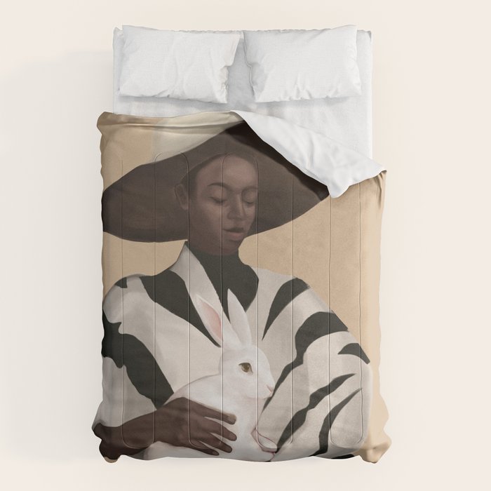 Woman in Stripes Holding a White Rabbit Comforter Gallery Image 6