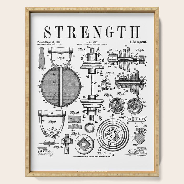 Gym Fitness Workout Dumbbell Kettlebell Vintage Patent Print Serving Tray Gallery Image 1