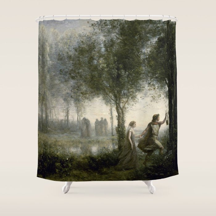 Orpheus Leading Eurydice from the Underworld - Jean-Baptiste-Camille Corot Shower Curtain Gallery Image 1
