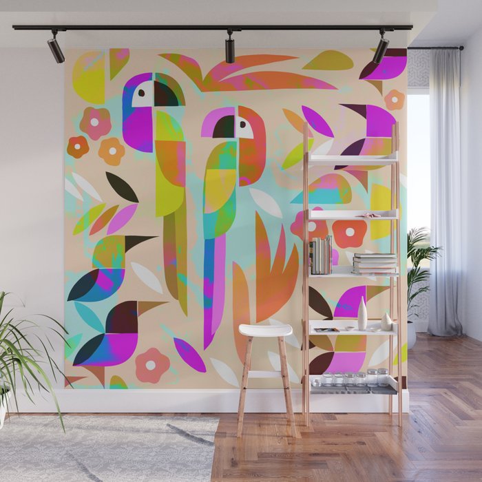 TROPICAL BIRD PATTERN COLLAGE Wall Mural Gallery Image 1