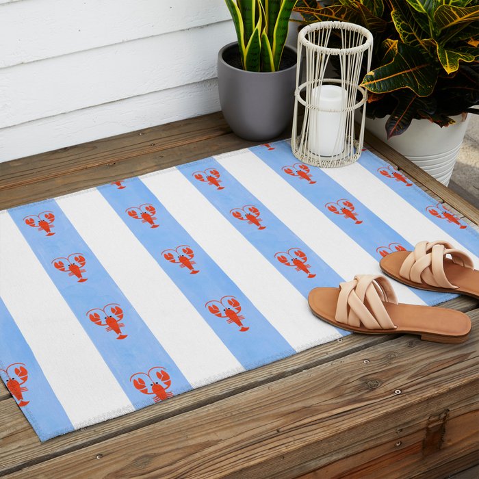 Red Lobsters On Hand-Painted Bright Blue Stripes Outdoor Rug Gallery Image 2