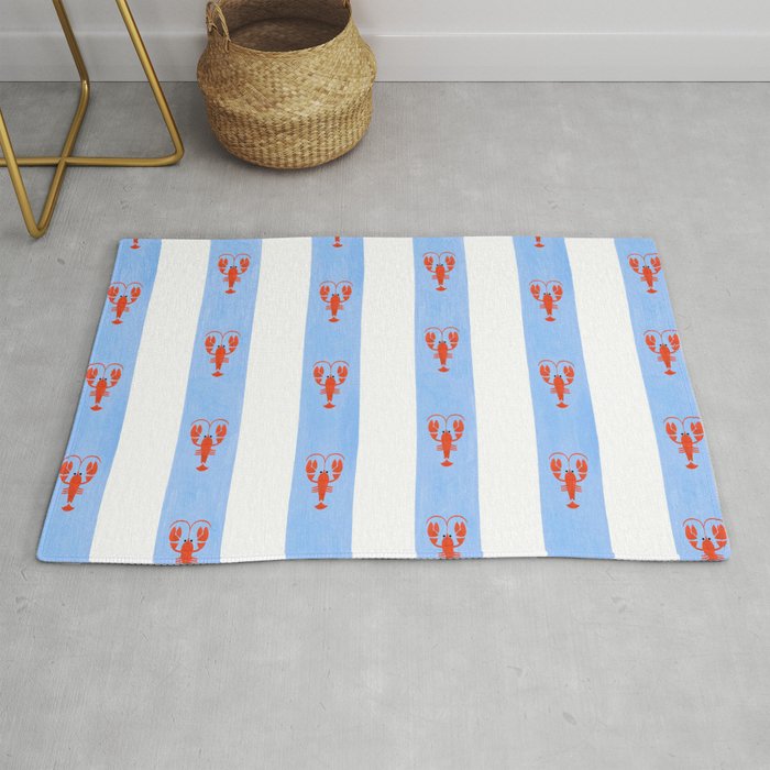 Red Lobsters On Hand-Painted Bright Blue Stripes Rug Gallery Image 1